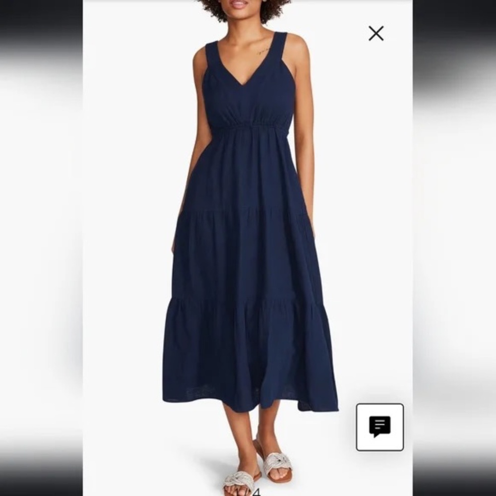 NWOT Steve Madden Amira Tiered Cotton Midi Dress Small Navy Blue 100% Cotton
